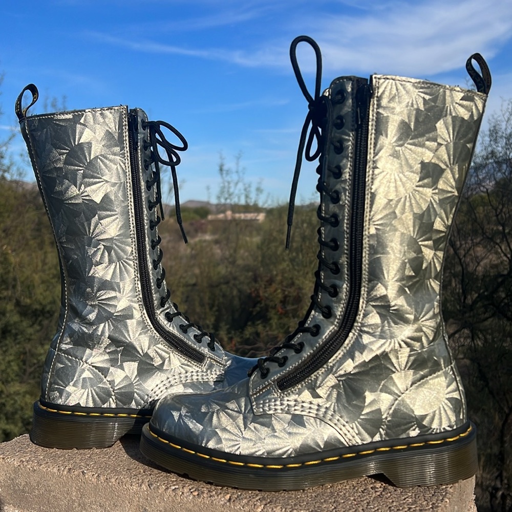 Dr. Martens Holographic Silver Retro Style Tall 14 Eye Lace Up & Side Zippers